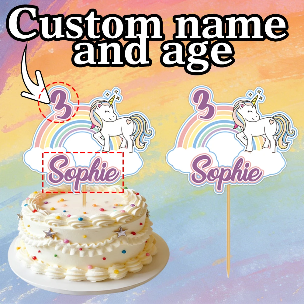 Personalized Birthday Cake topper custom Name Party Rainbow Unicorn Pattern Cake Decorations Fruit Dessert Picks Party Supplies