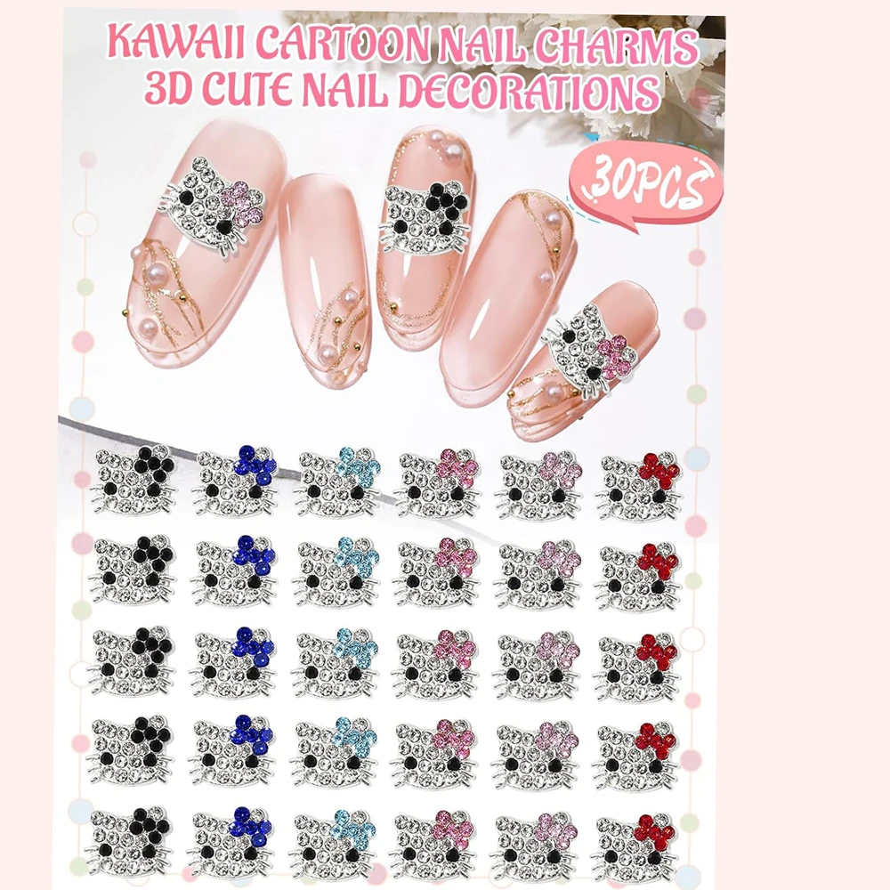 6 Raster/Doos Strass Metalen Hello Kitty Nagel Bedels Roze Strik Kitty Volledige Diamant Nagel Decoratie 6 Kleuren Manicure Accessoires Gl