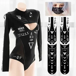 Women cyberpunk Dark mechanical sexy cosplay jumpsuit and tops hollow out sukuizu costumes swimwear bodysuit stocking set