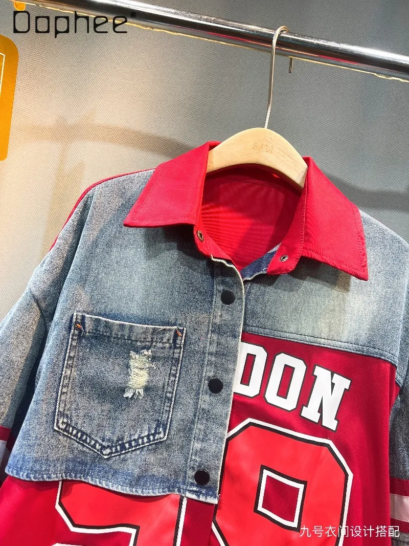Estilo europeu retalhos denim camisa feminina outono nova impressão personalizada falso de duas peças manga longa na moda camisas de grandes dimensões