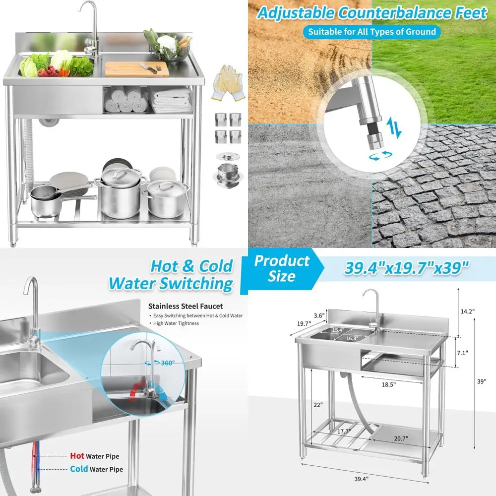 

39in Stainless Steel Utility Sink, laundry sink with Cabinet, Outdoor Sink Station for Lawn & Garden