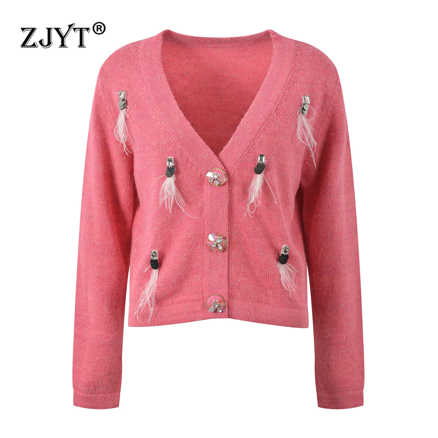 ZJYT Autumn Winter Sequined V Neck Cardigan Sweaters for Women Long Sleeve Knitted Tops Pink Jersey Mujer Fashion 2024 New