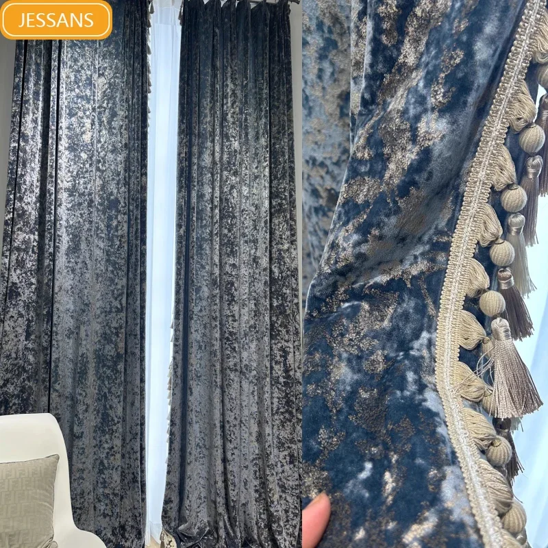 

Blue Gilded Velvet Lace Thickened Blackout Sound Insulation Curtains for Living Room Bedroom French Window Villa Customization