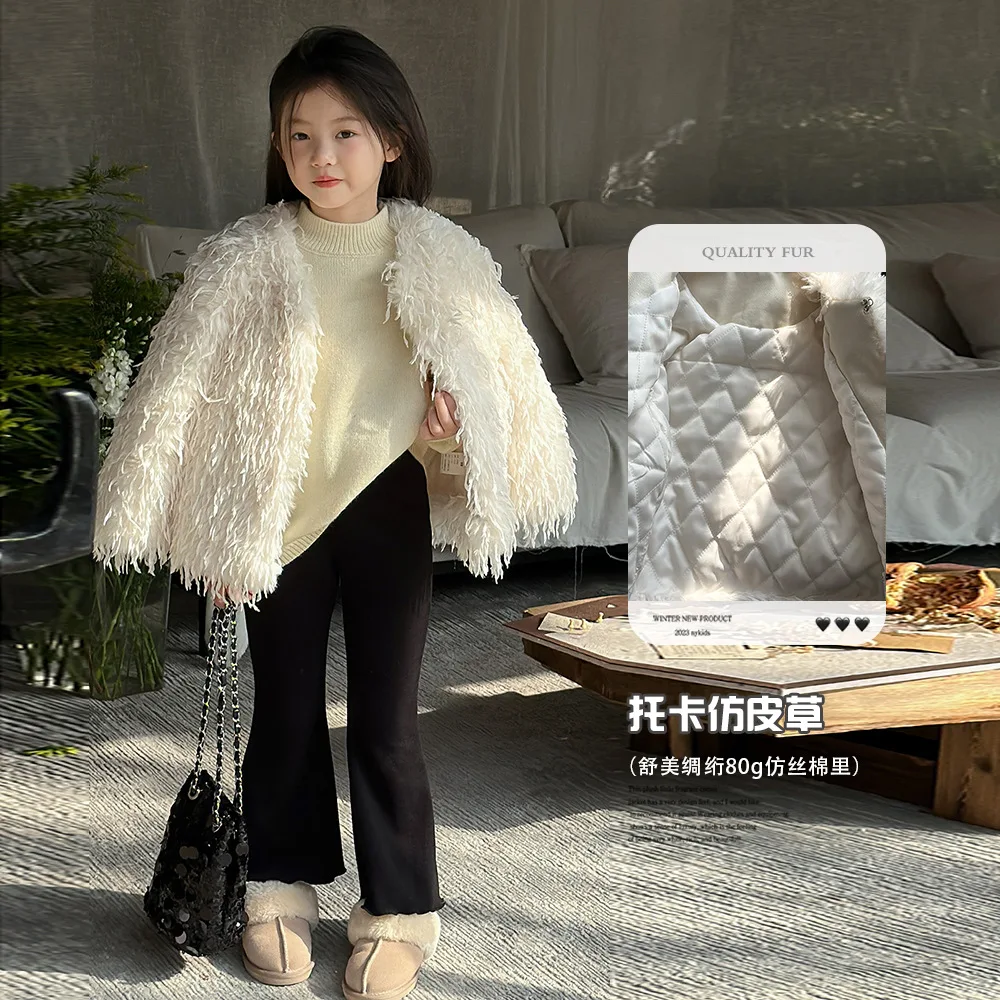

Children Faux Fur Coats Solid Fur Jackets V Neck Long Sleeves Coverd Button Thick Warm Fur Loose Fit Casual 2025 Autumn Winter
