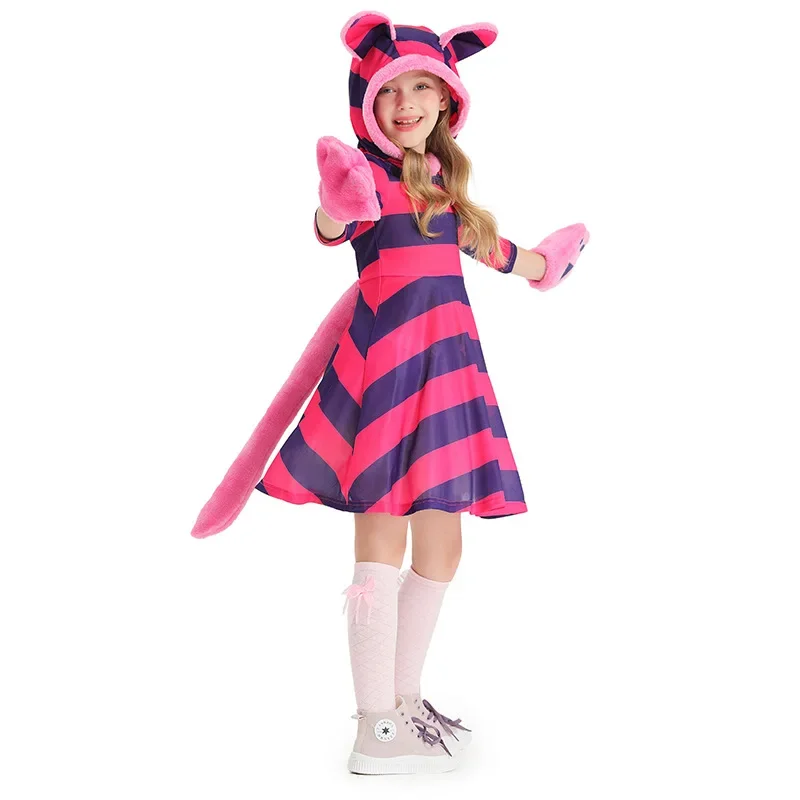 Kids Cosplay Striped Grin Cat Girl Dress Performance Costume