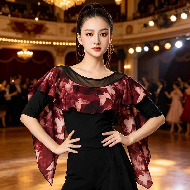 

Latin Dance Top Women Comfortable Fashion Printed Round Neck Modern Ballroom Practice Elegant Performance Dancewear Temperament