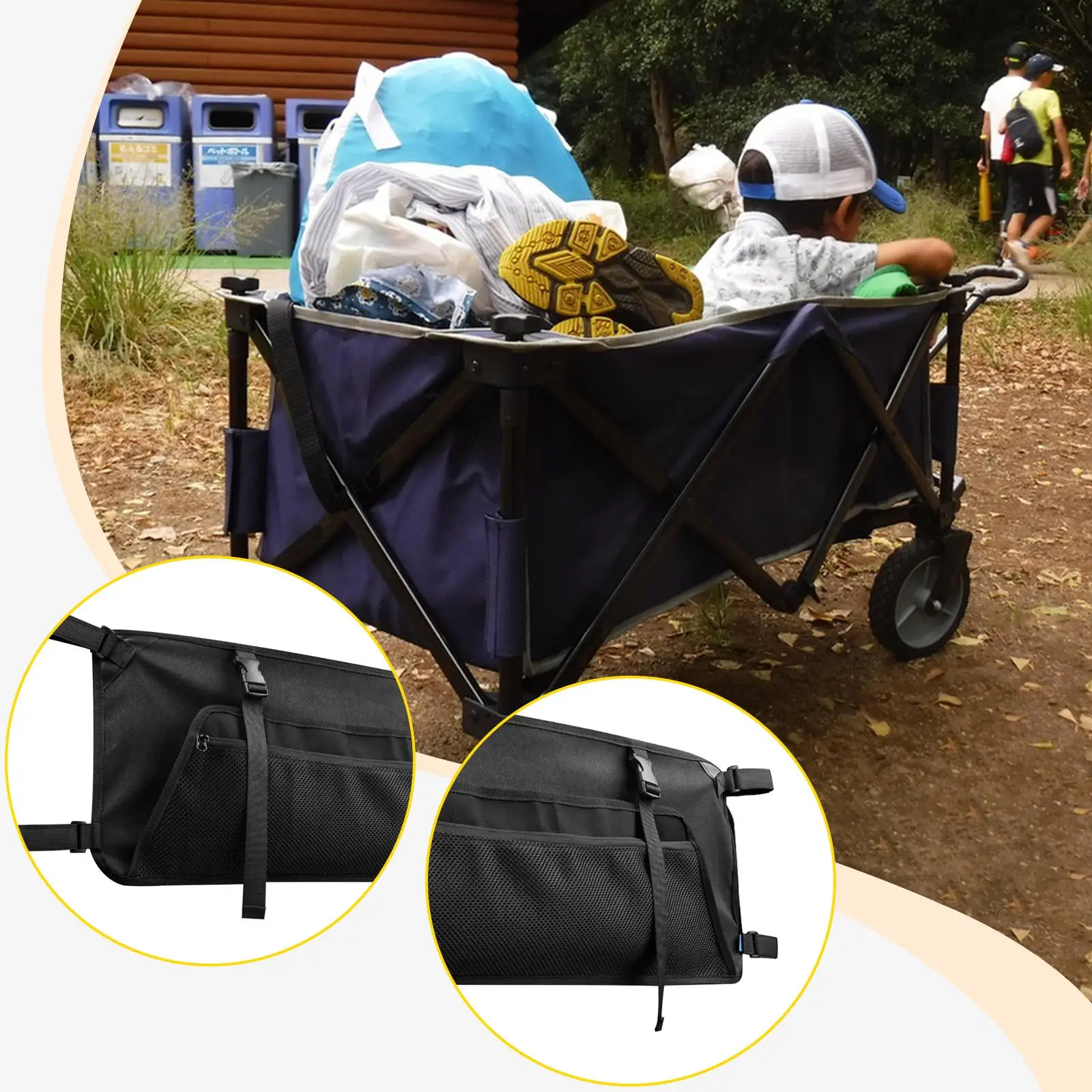 Outdoor Folding Wagon Side Storage Bag with Mesh Pouch and Tear Resistant Oxford Fabric for Camping Beach Cart Accessories