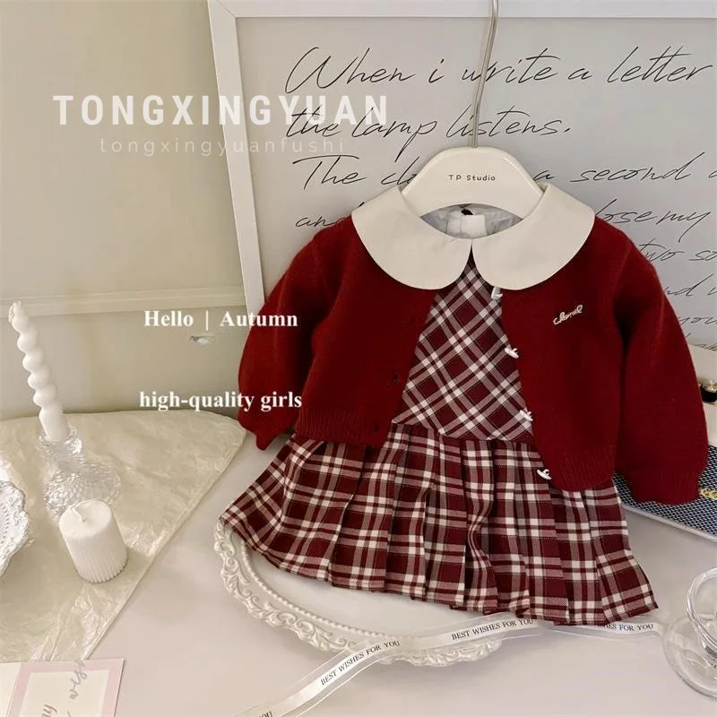 

Autumn New Style Baby Girl Tartan Skirt Solid Color Knitted Cardigan Sweater Korean College Style Two-Piece Suit Fashion