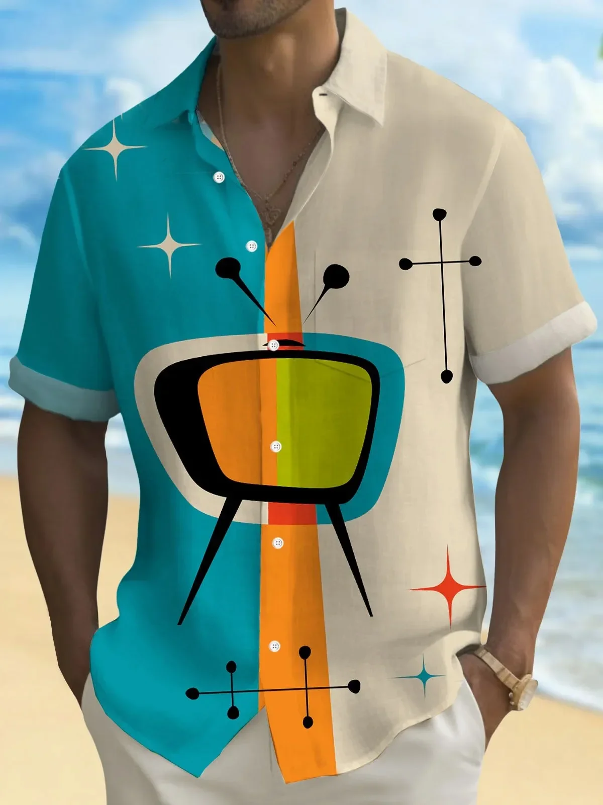 Men's summer shirt, made by 3D printing technology, featuring artistic geometric patterns. A loose Hawaiian-style shirt with but