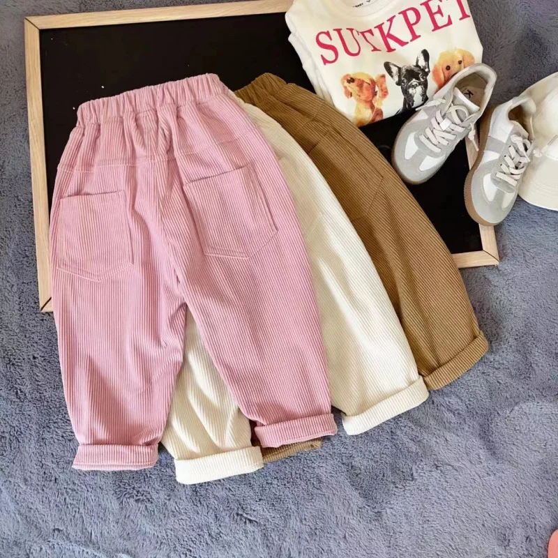 

Girls' Solid Color Corduroy Pants Children's Clothing2024Spring and Autumn New Loose Casual Pants Babies' Trousers Tide