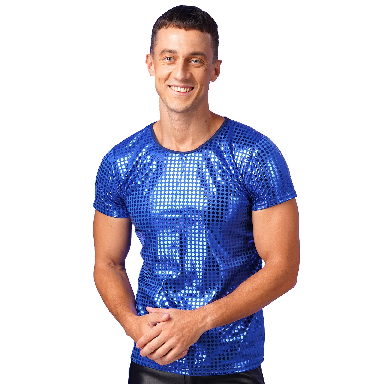 Mens Modern Jazz Dance Performance Costume Sparkle Sequin Dot T-Shirt Tops Round Neck Short Sleeve Nightclub Rave Costumes