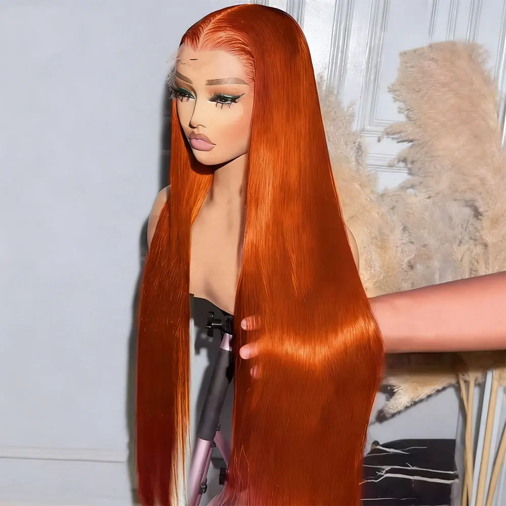

34 36-дюймовый оранжевый рыжий парик спереди, человеческие волосы 13x6, прямой фронтальный парик, предварительно выщипанные цветные парики из человеческих волос для женщин
