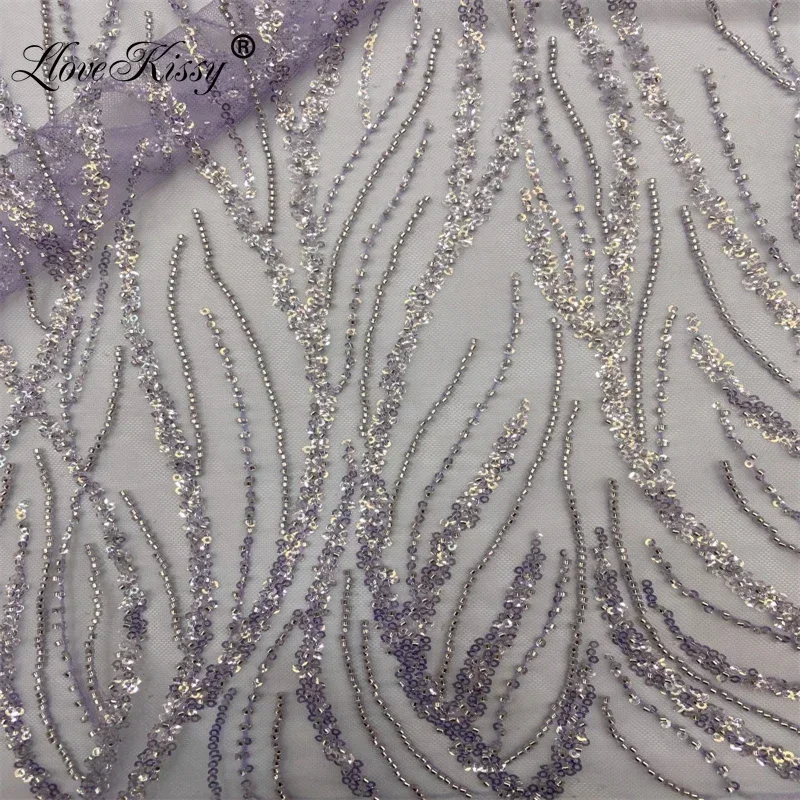 Nuovo tessuto di pizzo con perline di foglie di salice di alta qualità + ricamo di paillettes da 3 mm semplice bellissimo abito da sposa per feste largo: 125 cm