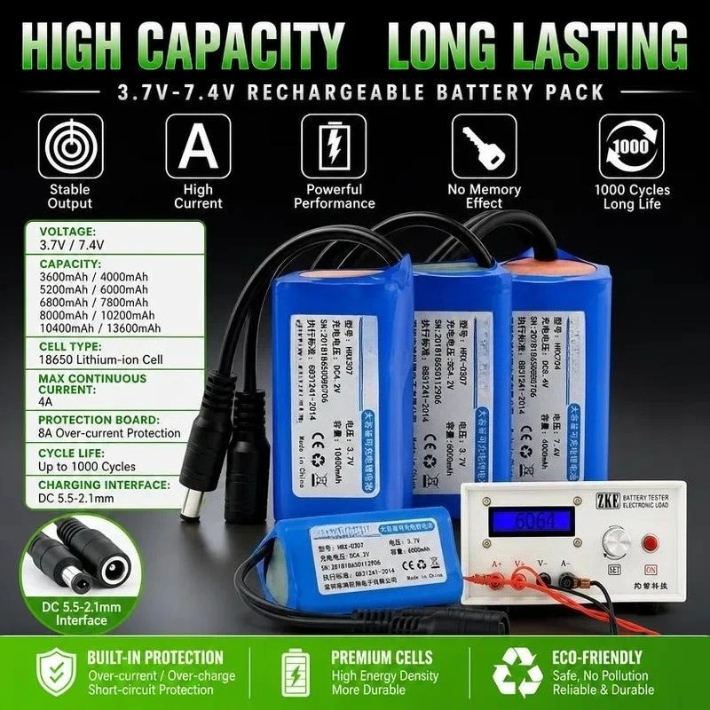 for Hongruixiang 18650 Battery Pack for Mountain Bike Lamp Headlamp Dedicated 3.7V 7.4V Large Capacity Battery for Night Ride