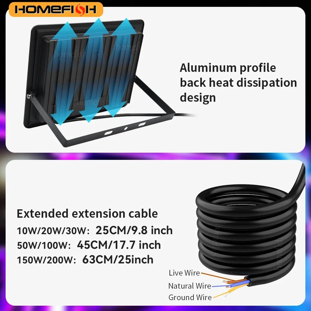 HOMEFISH RGB-schijnwerper 100W 50W 30W 20W 10W Reflector IP66 Waterdichte LED Spotlight 220V Projectorlamp Outdoor Tuinlicht