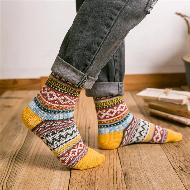 Geometric Striped Thicken Wool Socks for Men, Warm Cashmere, Novelty Funny Crew, Winter, Christmas Gift, Dropship