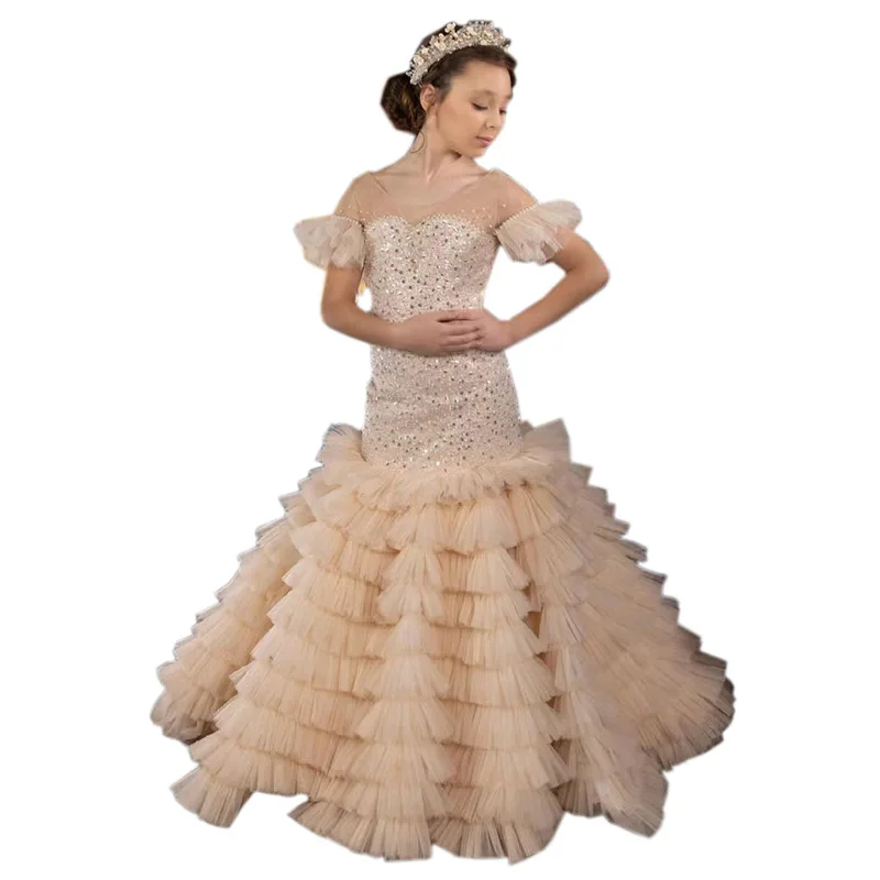 2024 New Luxury High End Girls\' Evening Dress Fashion Trumpet Design Children Dresses Gala Costumes for Summer Teenager Girls