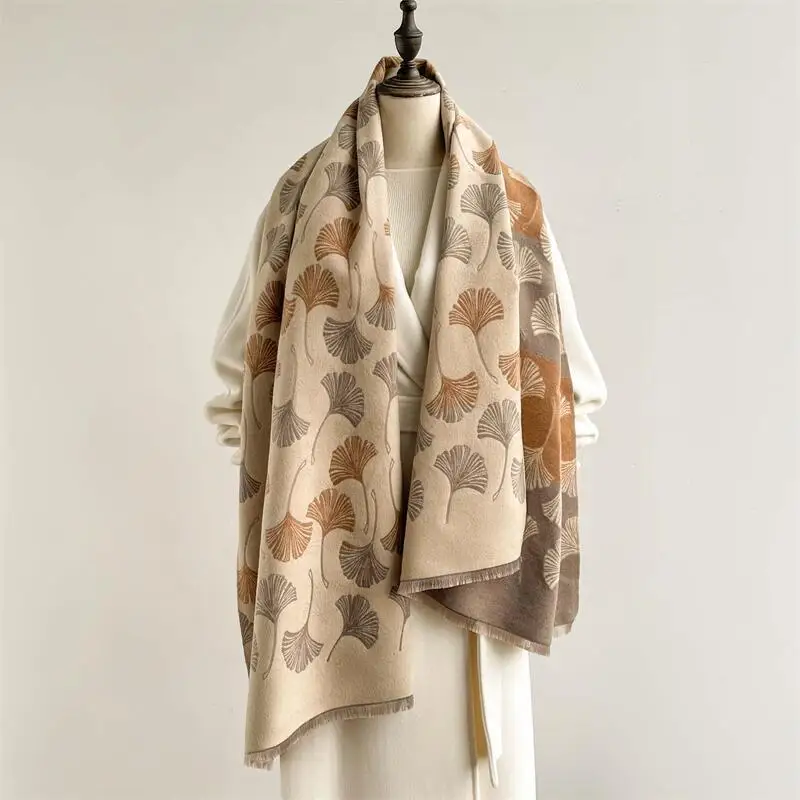 Autumn and winter comfortable imitation cashmere scarf female elegant ginkgo biloba leaf bib new thick warm shawl scarf