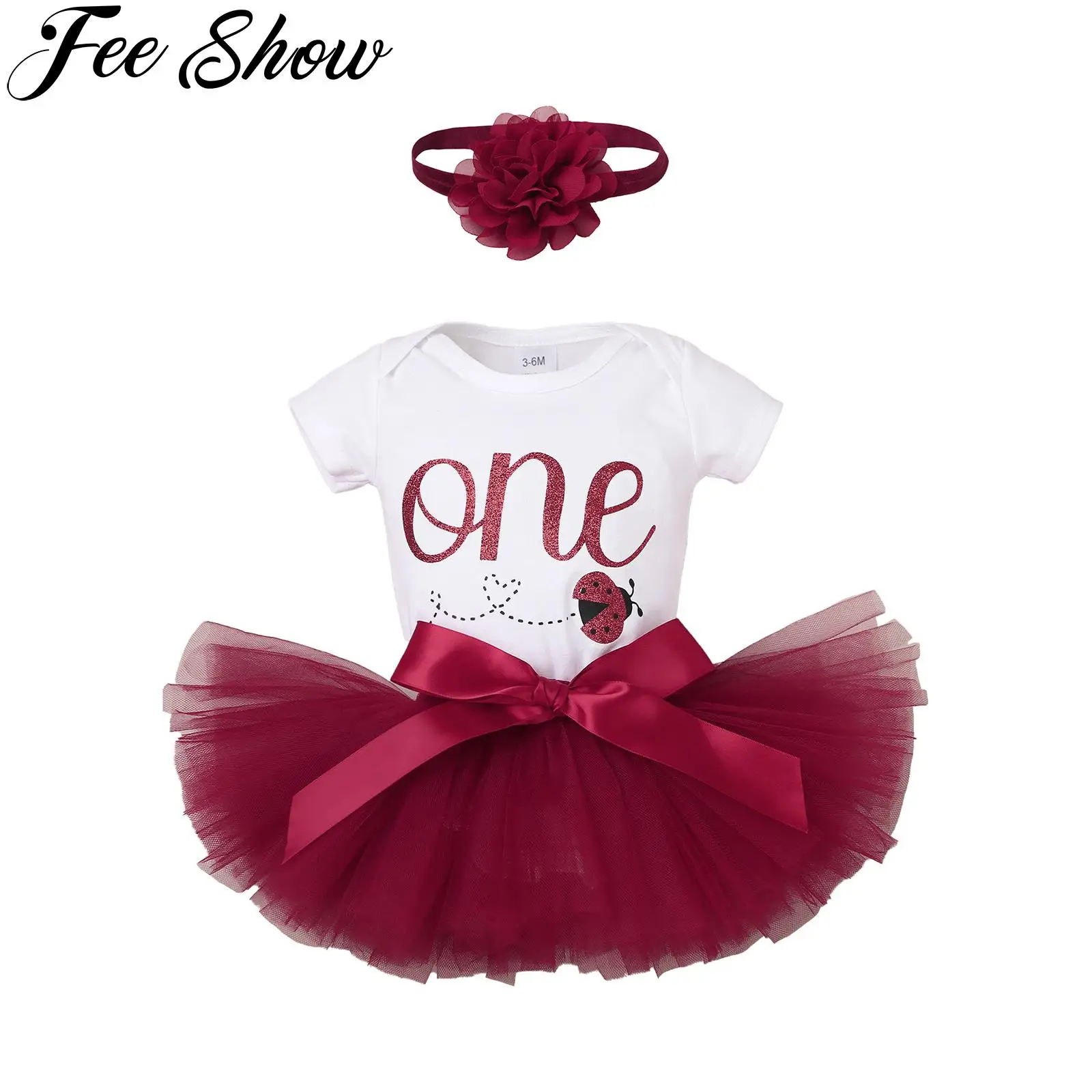 

Baby Girls 1st Birthday Outfits Short Sleeve Romper Ruffle Tutu Skirt Bowknot Headband Cake Smash Clothes Set for Photo Shoot