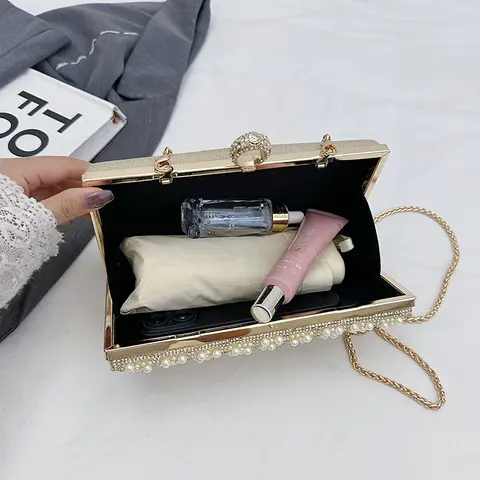 Utsökt Dampärla Aftonväska Pärlor Glitter Strass Kuvertväska Lyxig Kedja Glitter Strass Handväska Bröllopsväskor 8 best sales pärla aftonväska - №1