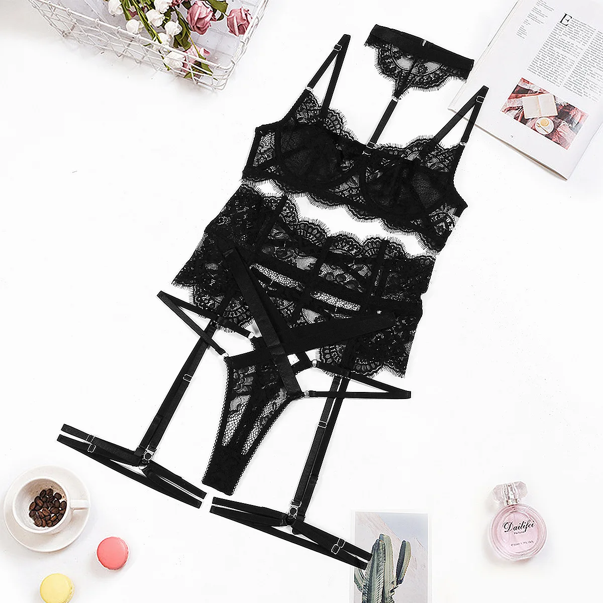 New lace pick-up body sculpting sex set perspective neck sexy underwear four-piece set lace bodysuit body suit sexy lingerie