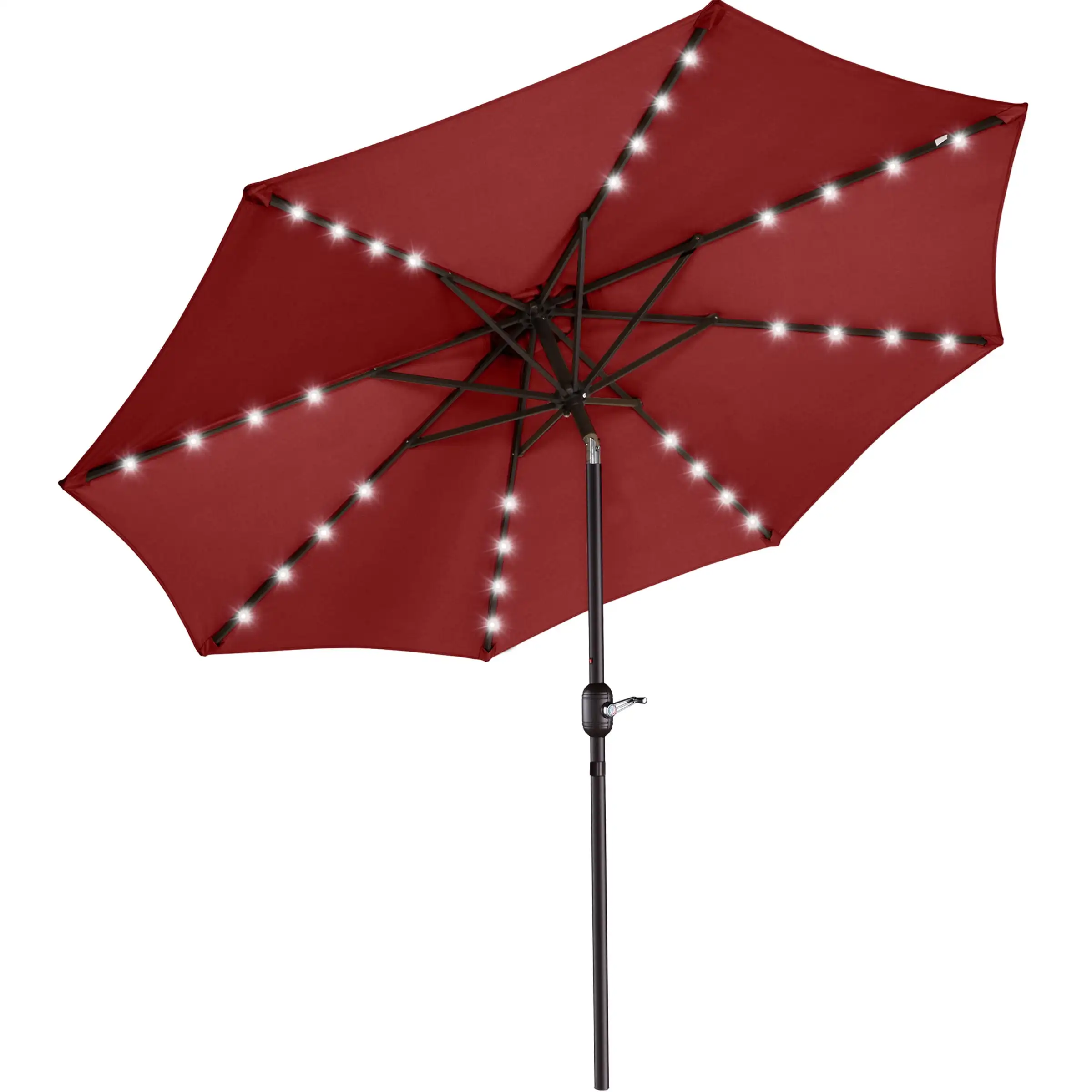 

Red Outdoor Patio Umbrella with Solar Lights and Adjustable Tilt