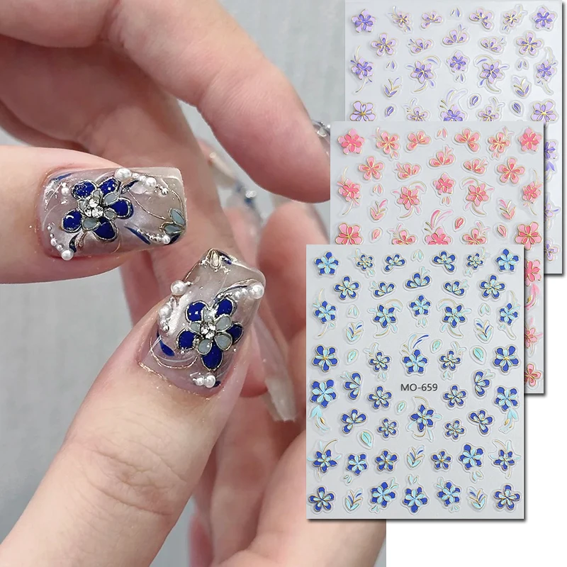 3 stücke 5d Präge Nail art Aufkleber Goldene Linien Lila Blau Emaille Blühende Blumen Aufkleber Für Nagel Dekorationen Maniküre Schönheit