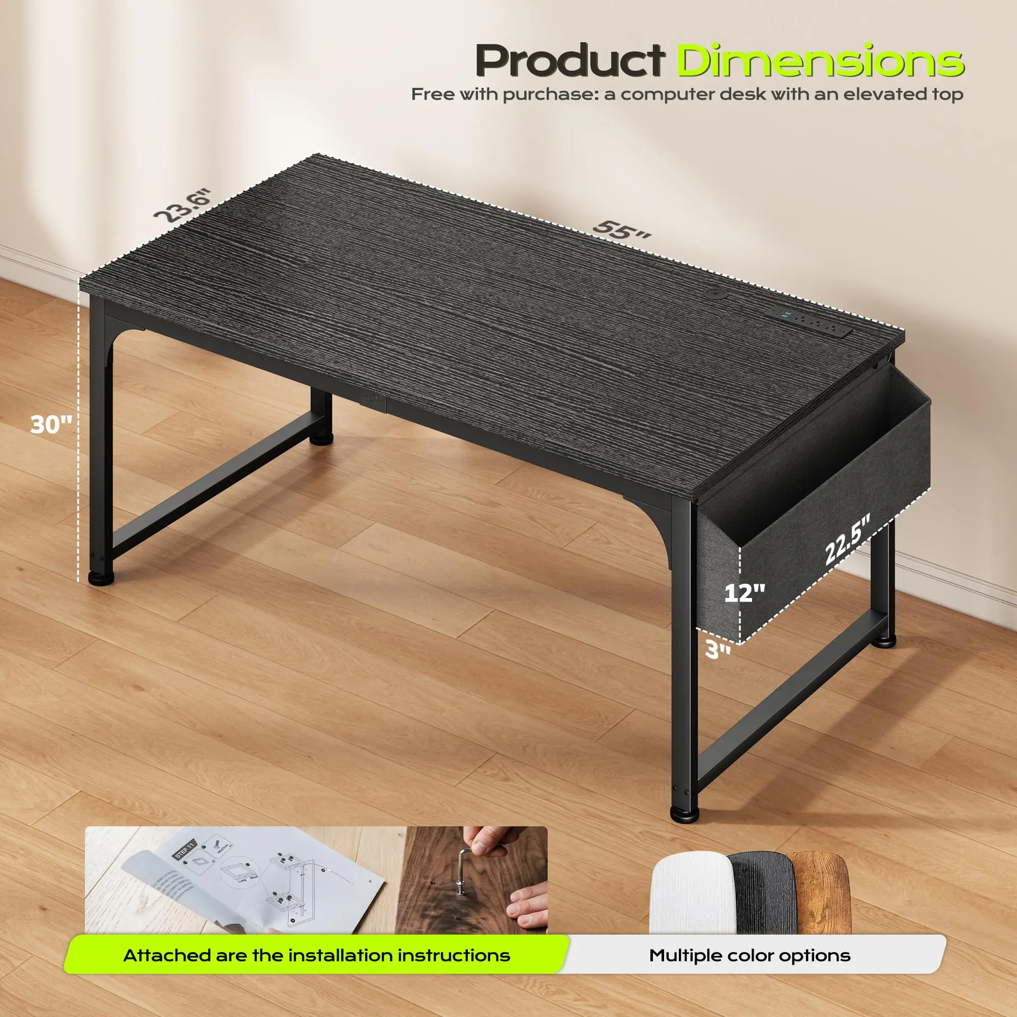 55 x 24 inch Desk, 24mm Thick Heavy Duty Computer Desk with RGB LED & Power Outlets, Gaming Desk with Detachable Stand