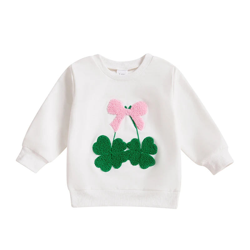 Baby Girl St Patricks Day Clothes Bow Clover Embroidery Sweatshirt Pullover Oversize Sweater Toddler Girl Irish Tops