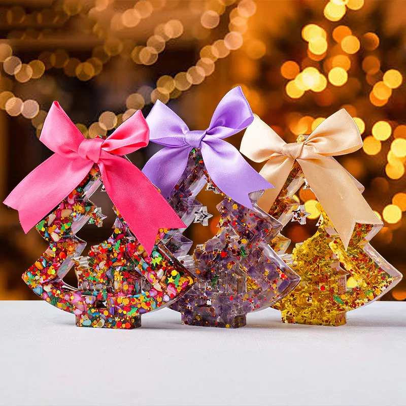

Natural Quartz Crystal Gemstones Chips Resin Christmas Tree Arts Crafts Handmade Hollow Tree with Bow Holiday Gift Ornament