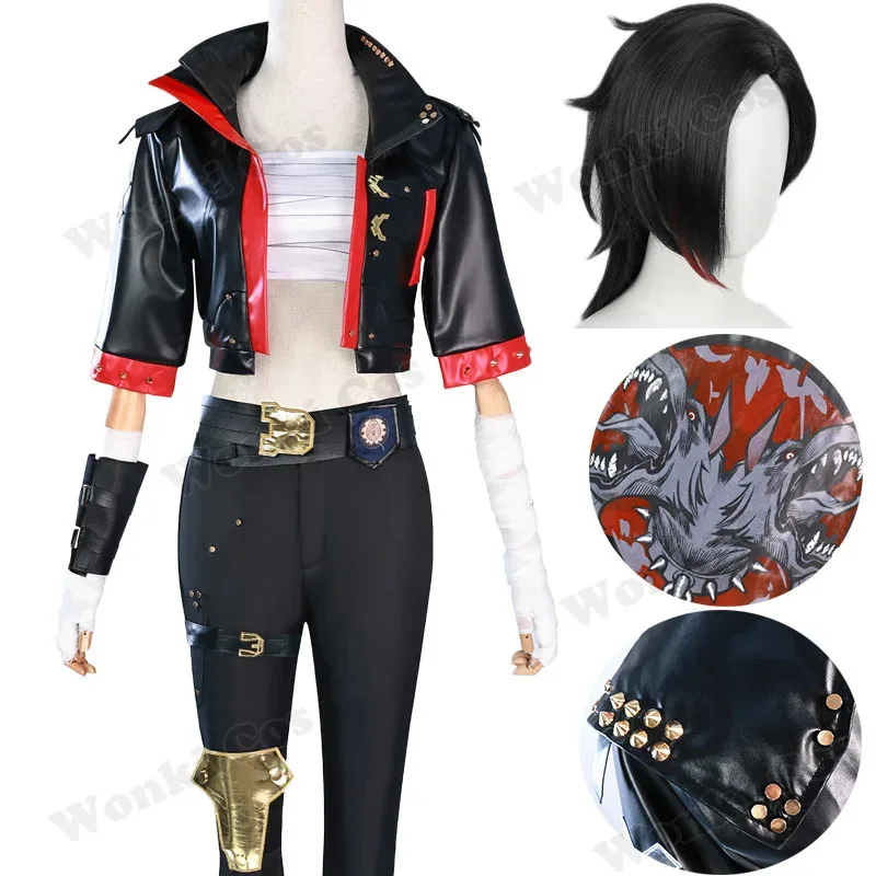 

Arcane Vi Cosplay Costume Black Wig Hair for Anime Underground Fighter Vi Cosplay Leather Jacket Black Suits Role Play Outfits
