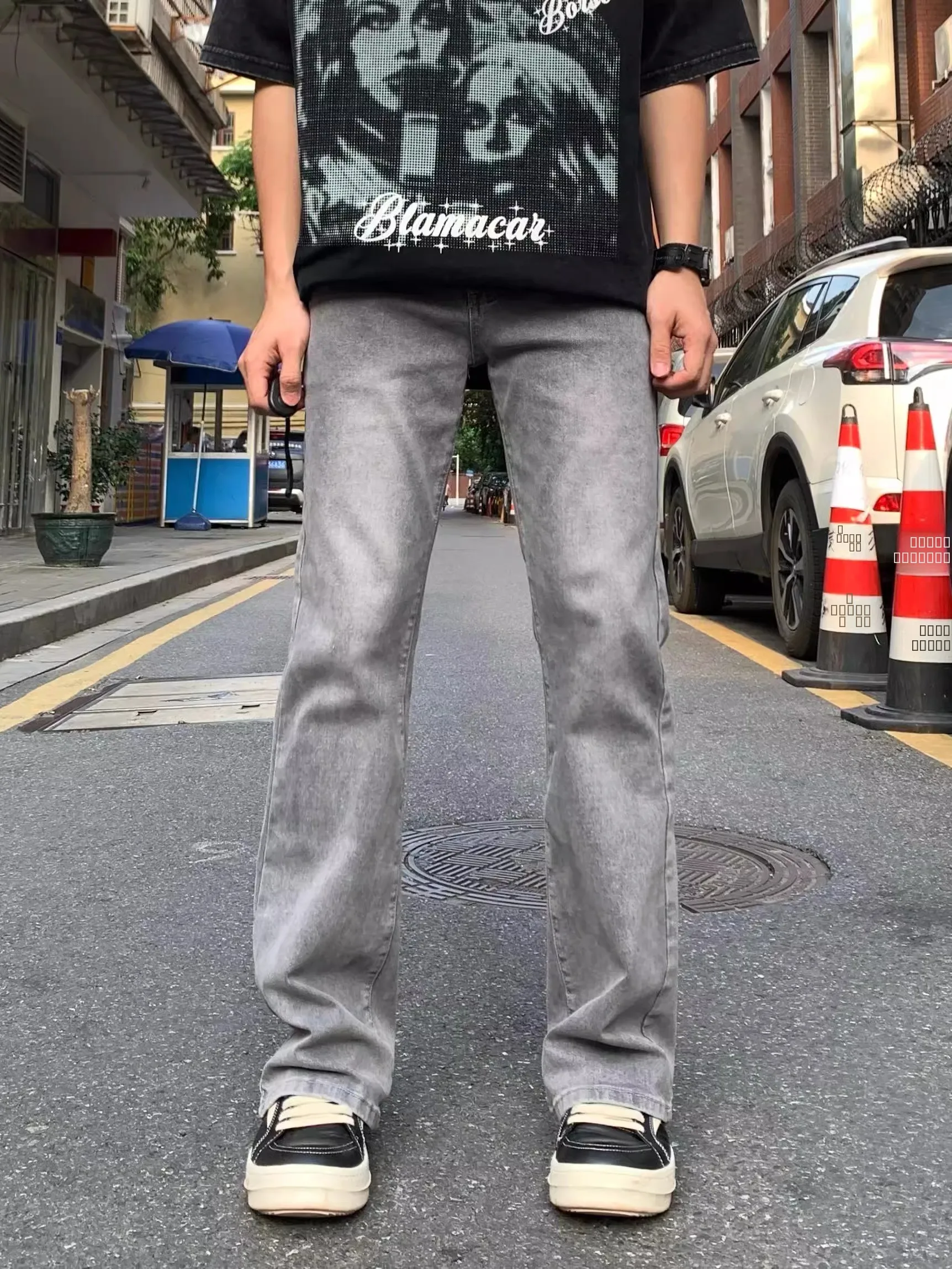 

Retro American High Street Vibe Greyish Blue Men's Slim Fit Distressed Jeans Straight Long Trousers Fashionable Casual Wear