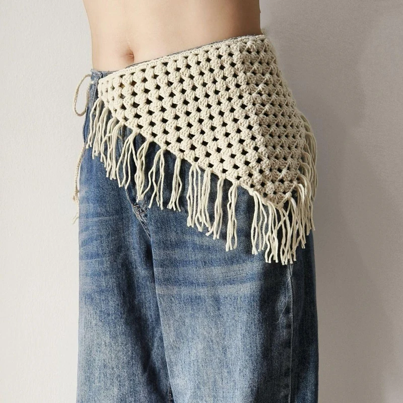 

Women Y2k Skirt Bohemian Hollowing Hand-Knitted Triangle Headscarf Decorate Tassel Hip Apron Layered Crocheted Fart Curtain