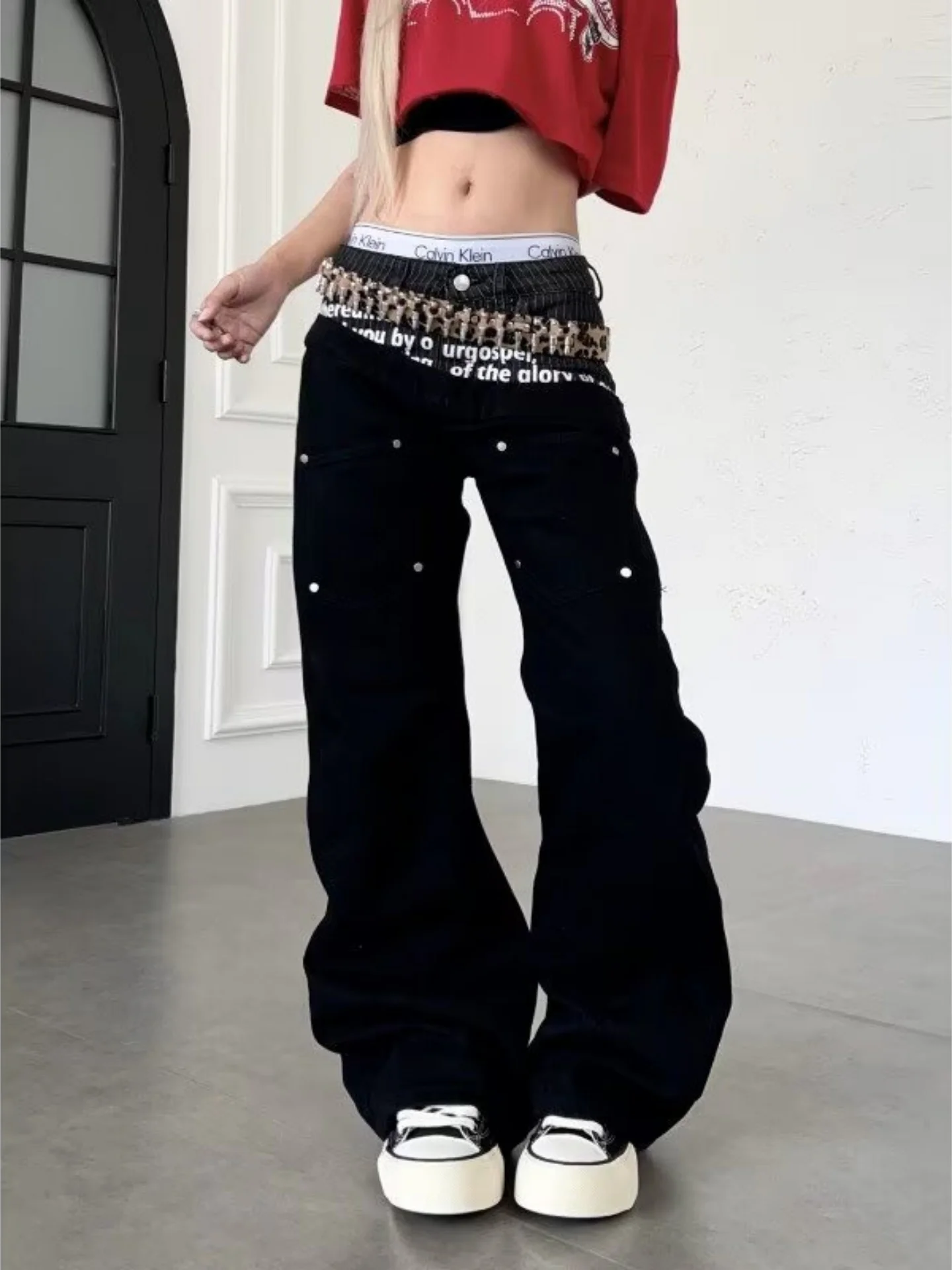 Black Bell Bottom Denim Jeans Men's Y2k Spicy Girl American Street Double Waist Head Workwear Pants Autumn Fashion Trend