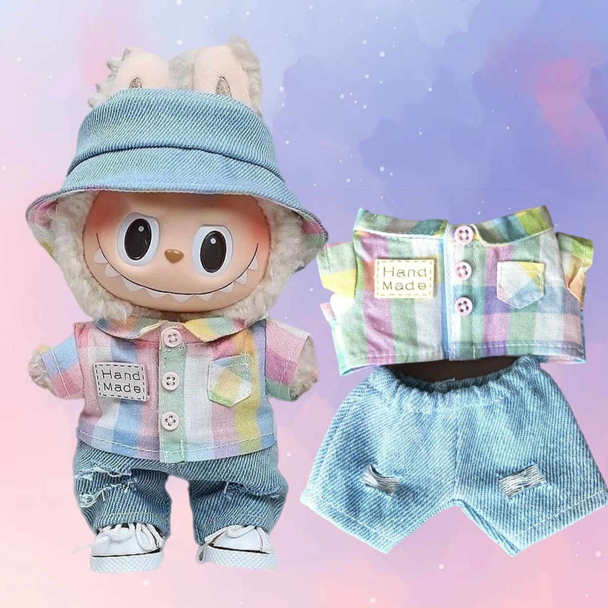 15/17 cm Labubu Big Into Energy Puppe Lässiger karierter Mantel Jeans Anzug Set Ropa Labubu Zubehör