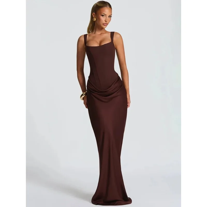 Backless Ruched Sexy Maxi Dress Women Elegant Square Collar Tapered Straps Sleeveless Bodycon Club Party Long Dress