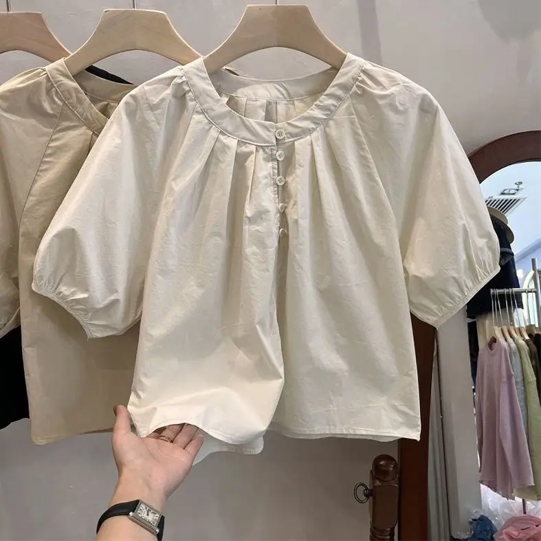 

Short Sleeve Shirts Womens Business Casual Lace Pintuck Layered Loose Sweet Feminine Artistic Urban Student Youthful Flare Chic