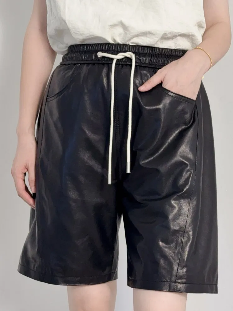 청소년 숙녀 레저 스타일 솔리드 컬러 탄성 허리 정품 가죽 반바지 포켓 레이스 업 편안한 양피 짧은 바지