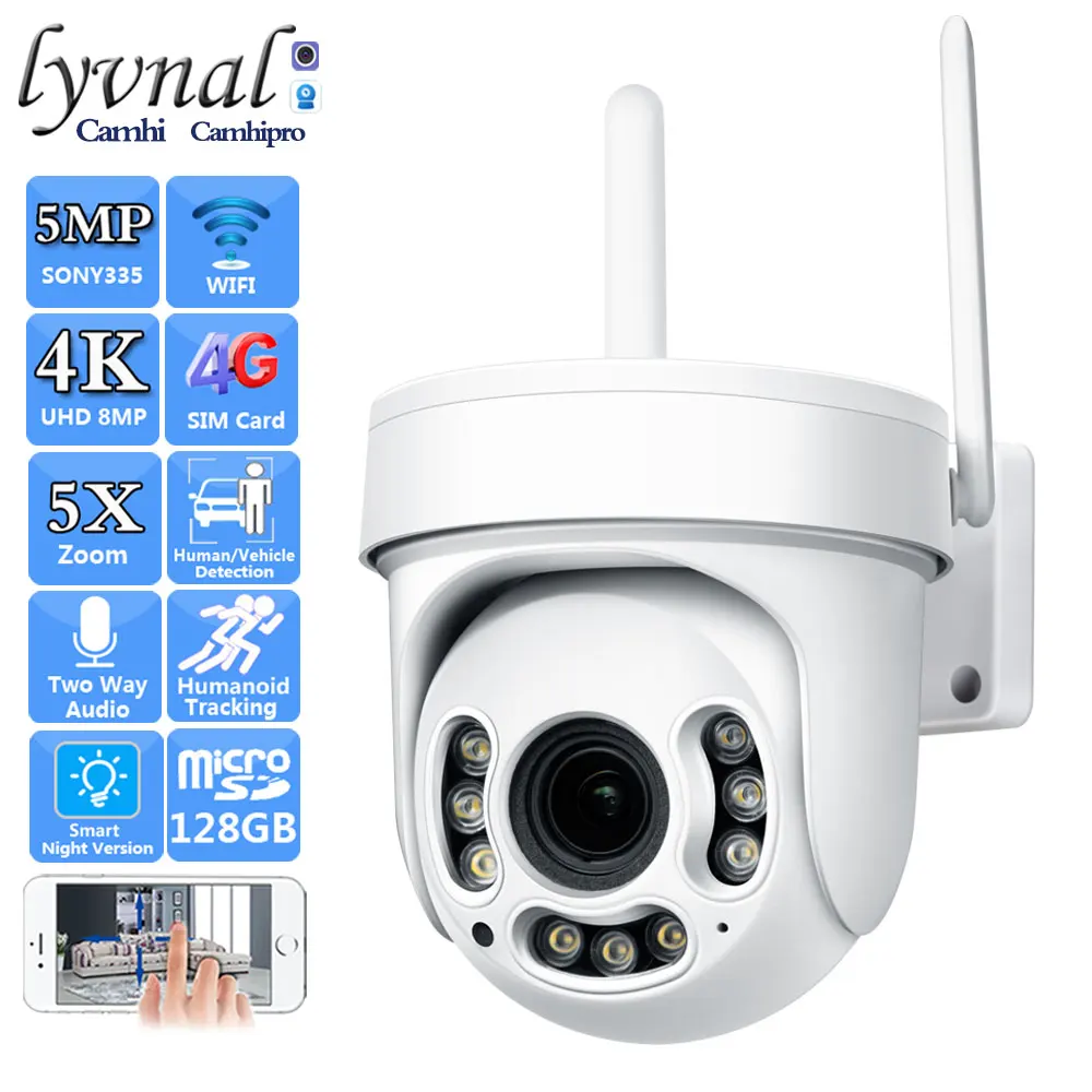 

3G 4G SIM Card 4K 8MP Wireless Security IP Camera Wifi PTZ Dome 5MP 2.7-13.5mm 5X Zoom Two Way Audio Outdoor Color Night Version