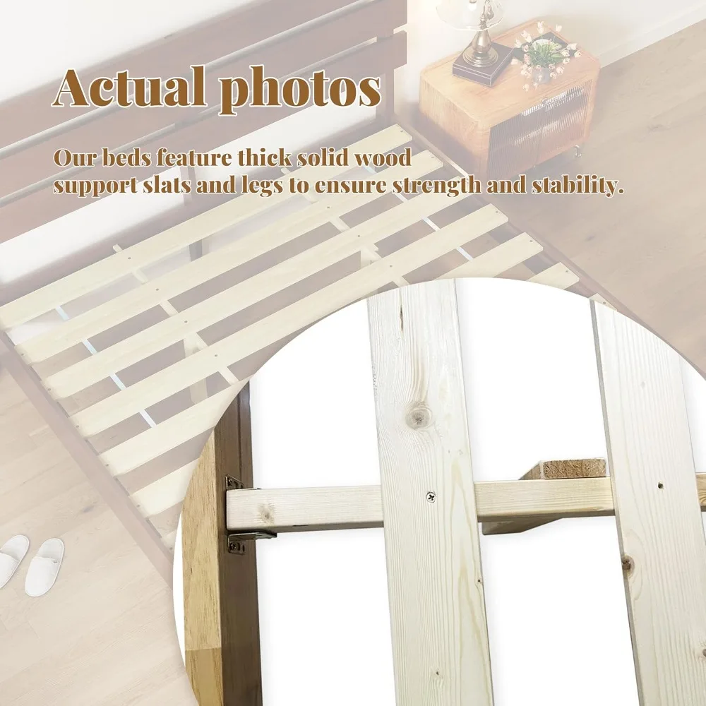 إطار سرير كوين خشبي مع لوح رأسي، سرير بمنصة خشبية صلبة حديثة من منتصف القرن مع أرجل خشبية صلبة ودعم شرائح خشبية، قش #6