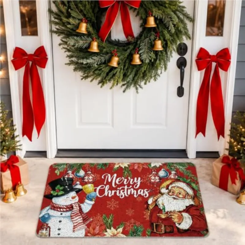 Pastel Merry Christmas Tree Doormat Oil Painting Snow Scene Print Entry Floor Mat Xmas Holiday Front Door Home Decoration