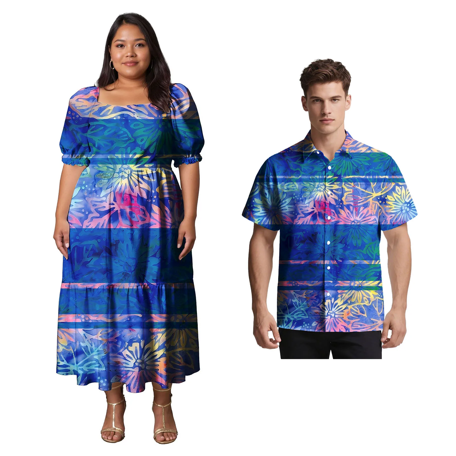 Süße Liebhaber Kleidung Benutzerdefinierte Polynesian Männer Umlegekragen Hemd Aloha Frauen Einfachheit Langes Kleid Samoan Passendes Paar Set