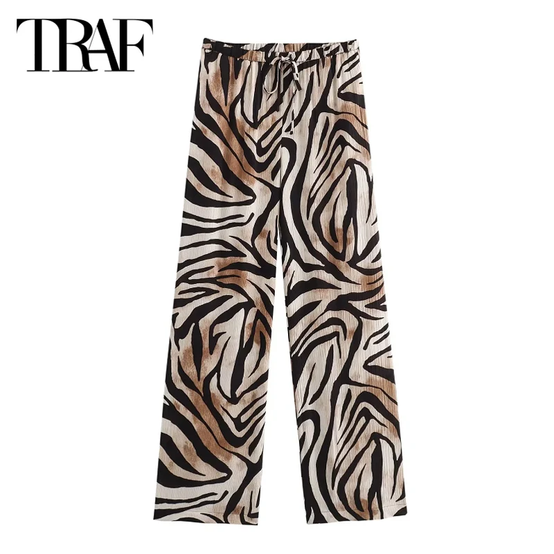 TRAF Elegancki zestaw spodni dla kobiet 2-częściowe zestawy spodni 2024 Wiosna Jesień Leopard Oversize Shirt Baggy Pants Women Outfit