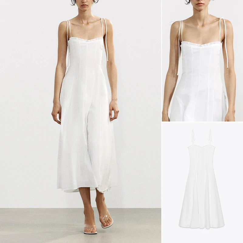 فستان نسائي جديد لموسم الربيع والصيف مع زخرفة فيونكة وياقة على شكل قلب وطبقات متعددة من الحرير بخصر مرتفع وتنورة طويلة