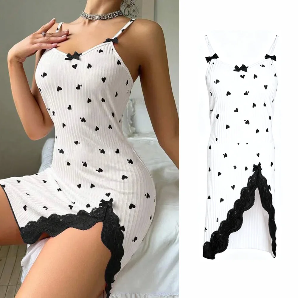 

Sleepwear Women's Sexy Nightdress Night Gown Lace Trim Camisole Bow Heart Print Sleeveless Sleep Dress Pajamas Night Wear