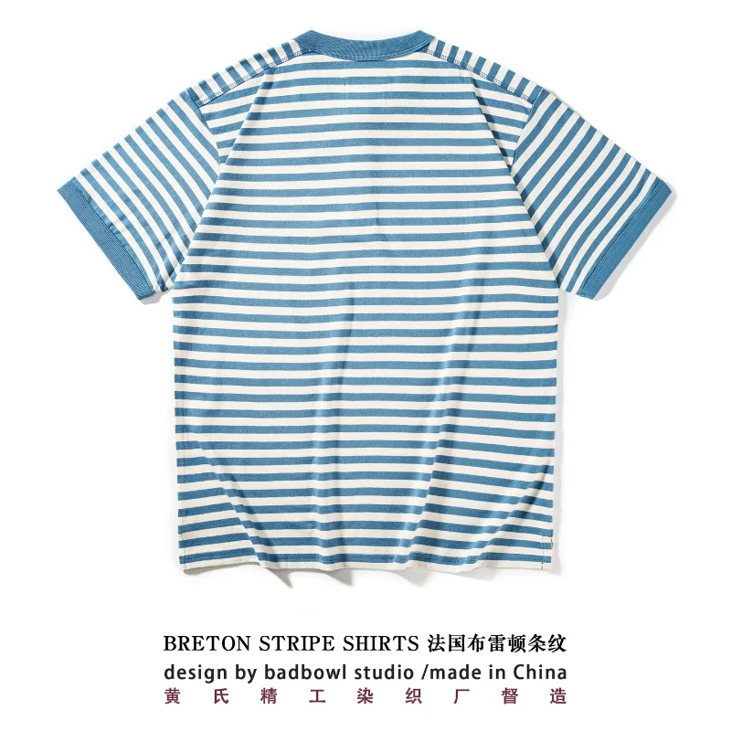Classic American retro men's T-shirt fashionable Henry collar striped short sleeved T-shirt