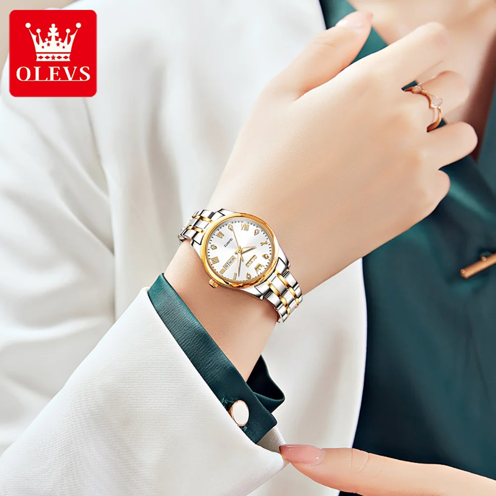 OLEVS-reloj de cuarzo para mujer, accesorio de marca superior de lujo, de acero inoxidable, resistente al agua, con manecillas luminosas, con fecha y semana