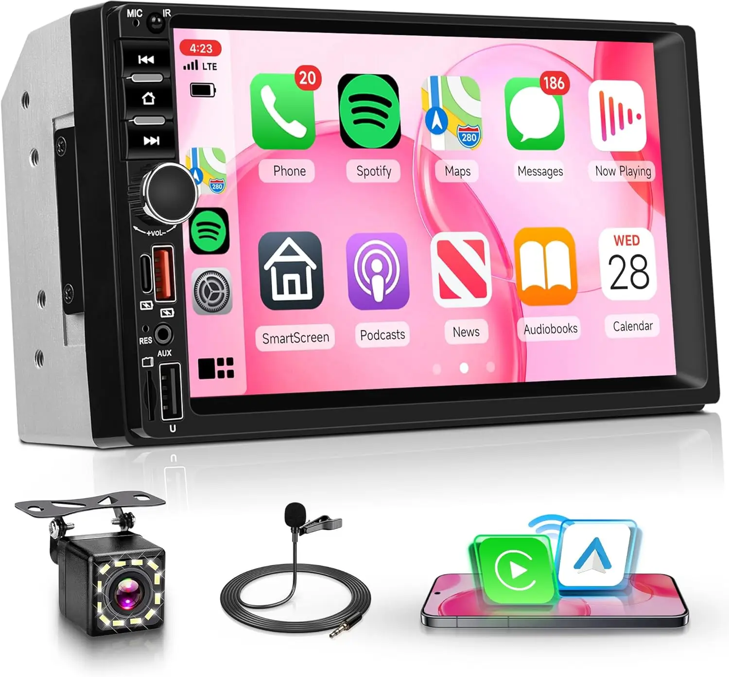 

Double Din Car Stereo 7' Touch Screen Android Auto, Wireless CarPlay, Bluetooth, FM, USB/AUX/TF, Backup Camera