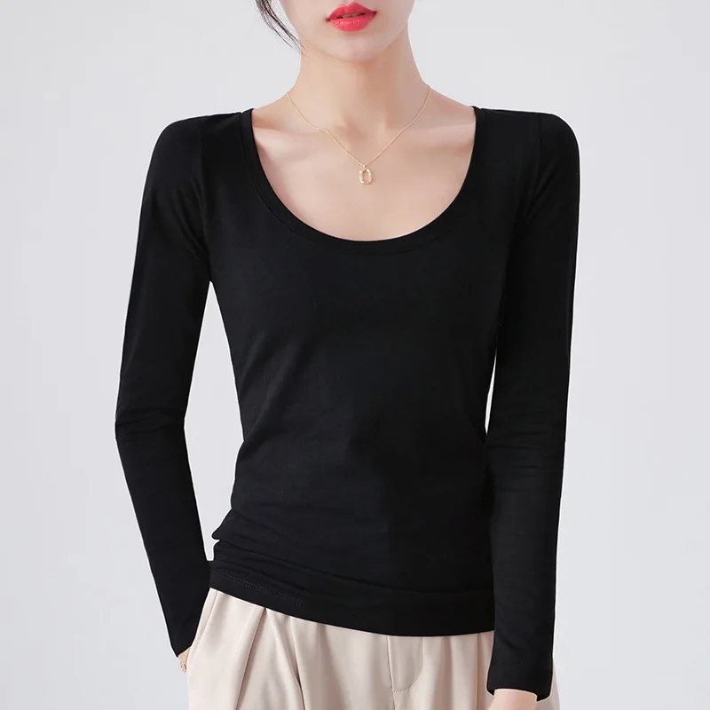 

Pure Cotton Round Neck Slim Fit Long Sleeve Black Base Shirt For Women 2026 New T-Shirt Solid Color Tee Spring Autumn