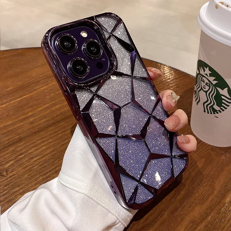 Luxury Girl's Phone Case for iPhone 15 14 13 12 11 Pro Max Plus Glitter Bling 3D Cube Diamond Marble Soft TPU Shockproof Cover